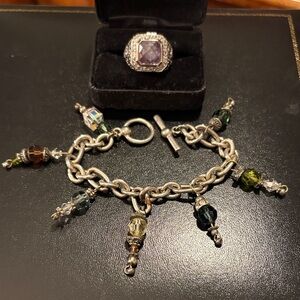 Sterling Silver Multi-Color Crystal Charm Bracelet With Sterling Crystal Ring
